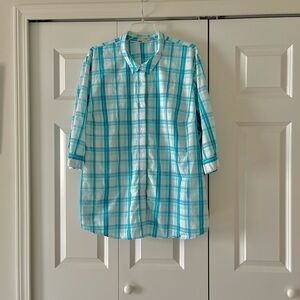 Women’s Plus Size Turquoise Plaid Button Front Shirt with 3/4 sleeves - 4X